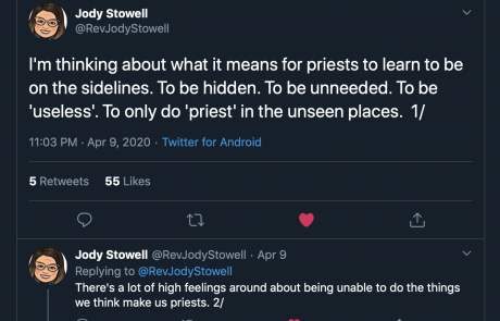 Jody Stowell Twitter Post about priests learning to be on the sidelines - page 1