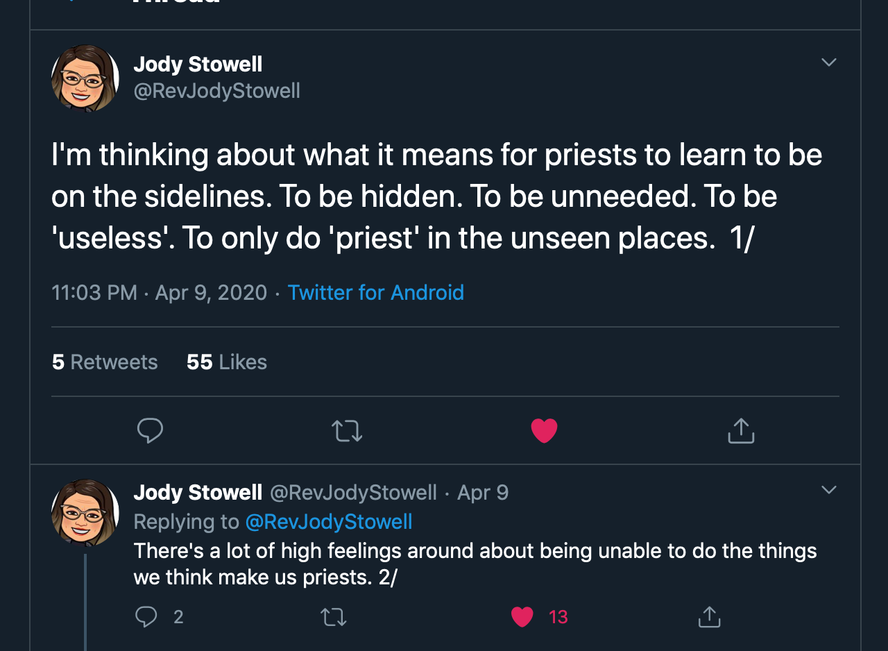 Jody Stowell Twitter Post about priests learning to be on the sidelines - page 1