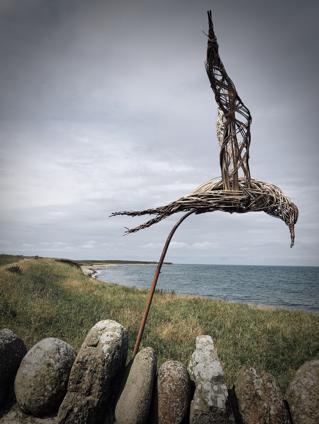 Wire sculpted bird in landscape of grass, stone wall, ocean, and grey cloudy sky